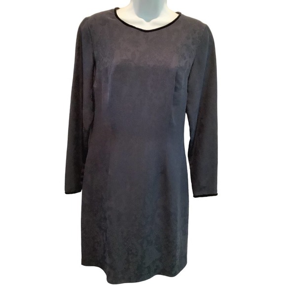 HAROLD'S VINTAGE  DARK NAVY SILK/WOOL JACQUARD DRESS WITH VELVET TRIM 4 - Picture 1 of 7